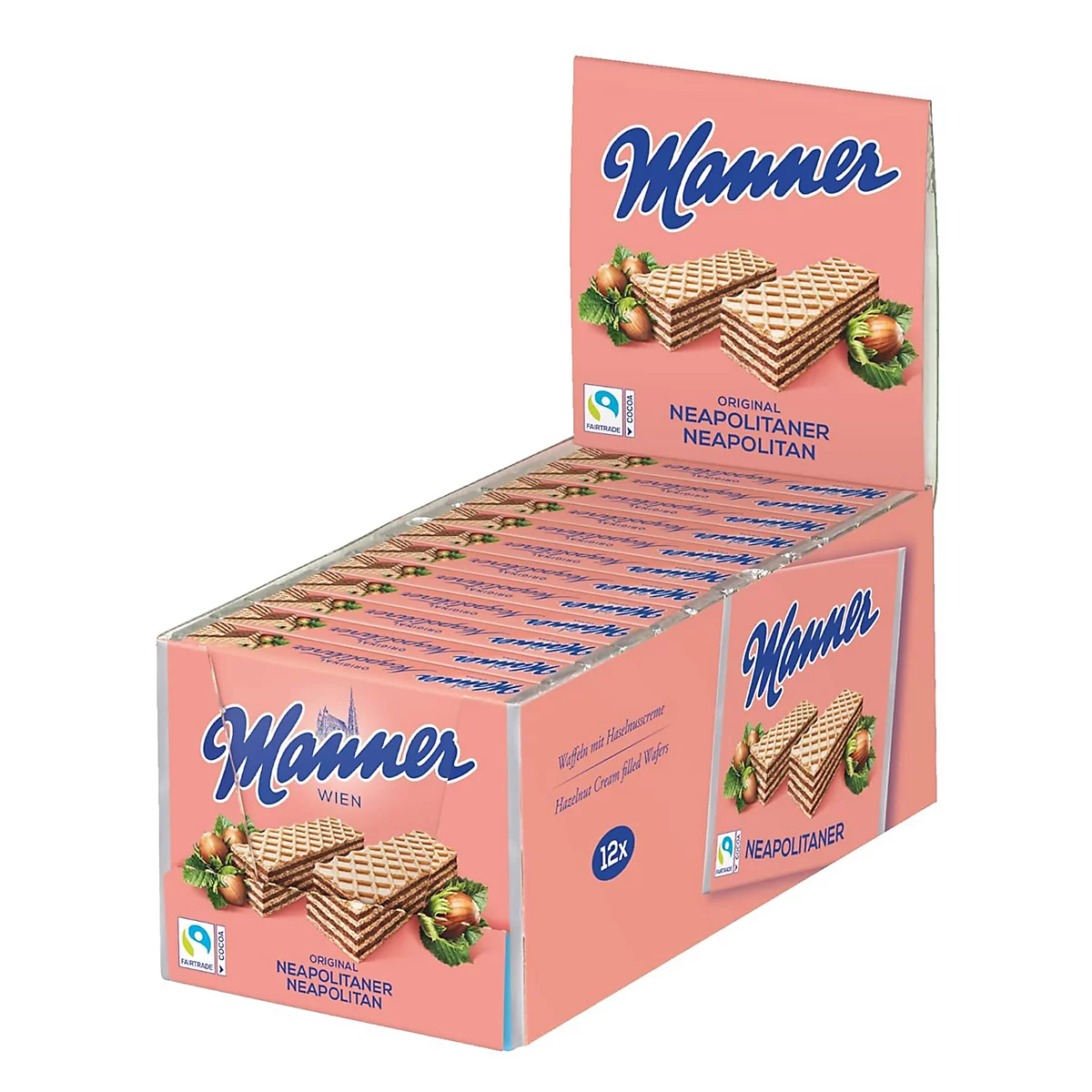 Eine rosa Verkaufsschachtel mit 12 Manner Neapolitaner Schnitten.