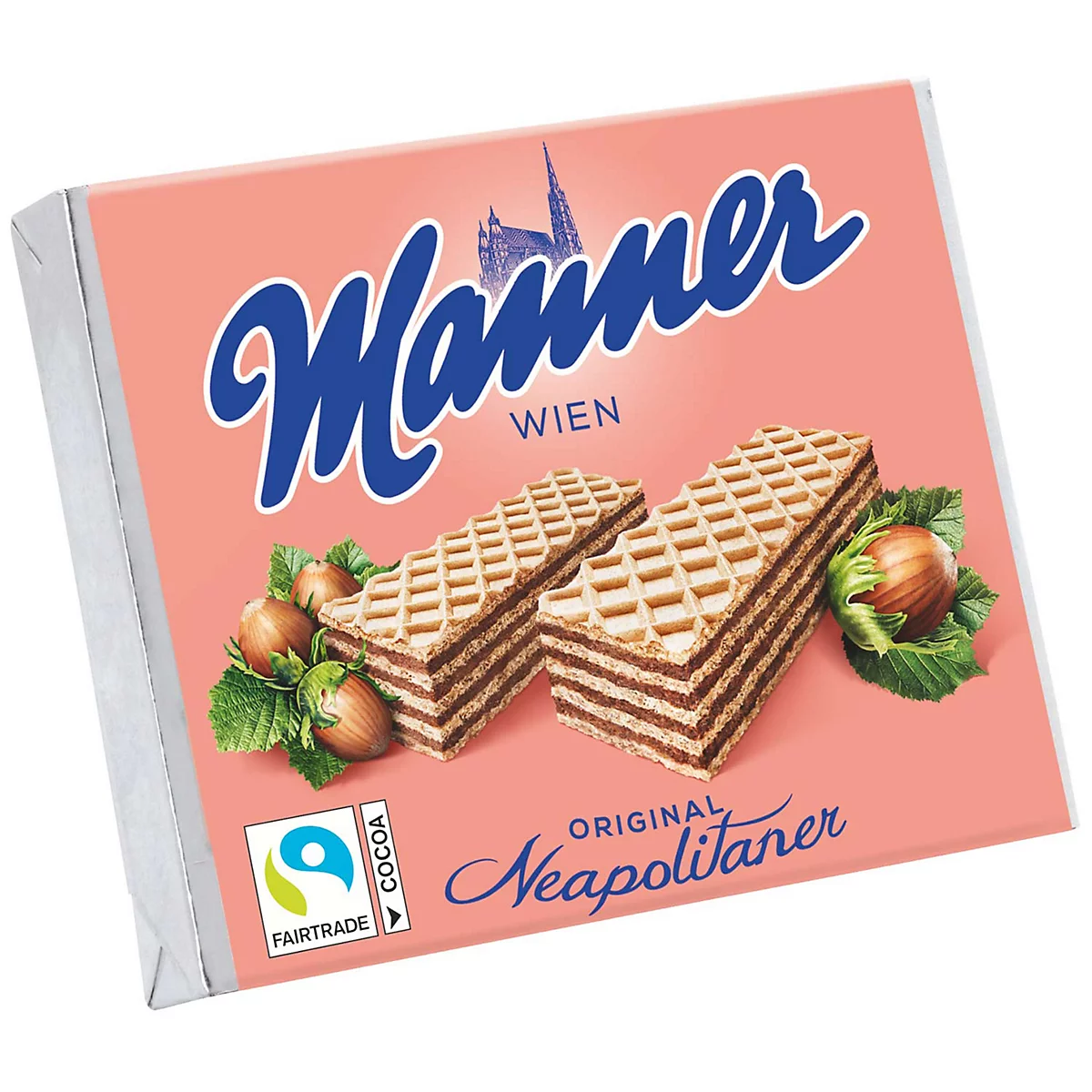 Packung Manner Neapolitaner Schnitten mit rosa Hintergrund, zwei Waffeln und Haselnüssen.