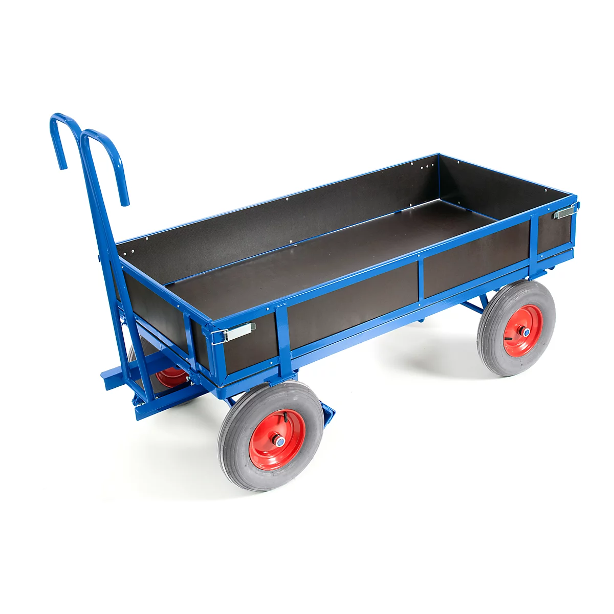 Blue transport cart with black loading area. The wheels are grey with red rims. The handle for pulling is blue.