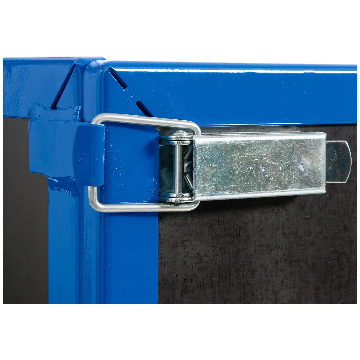 Detail shot: Blue metal frame with silver clasp. The clasp is closed to secure a box.