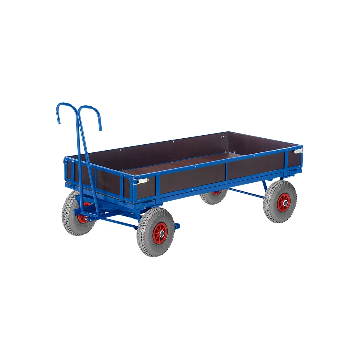 Blue transport cart with gray tires and red rims. Rectangular loading area with blue frame and brown side panels.