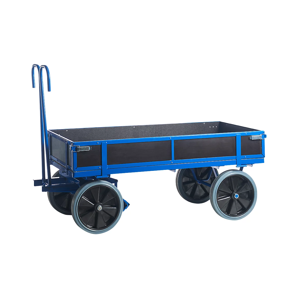 Blue transport cart with black side panels and four wheels, handle.