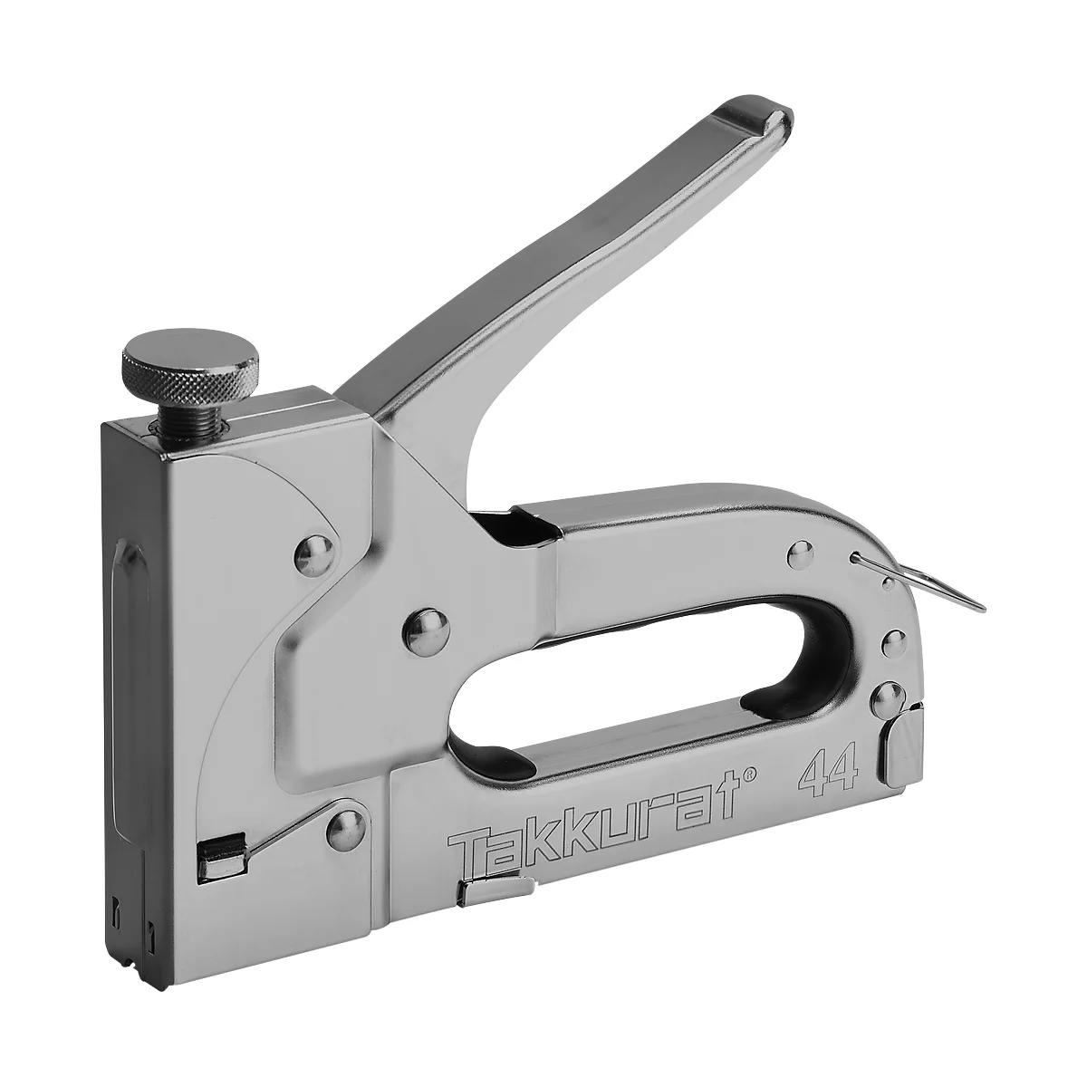 Silver stapler with black handle and inscription "Takkurat 44".