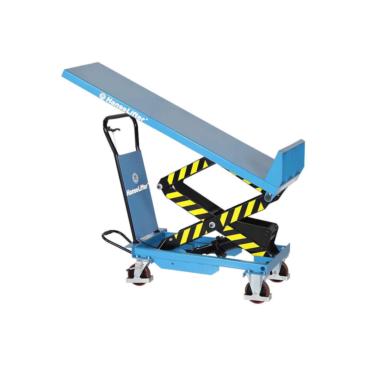 Blue HanseLifter lift truck, platform raised, with yellow and black scissor mechanism.