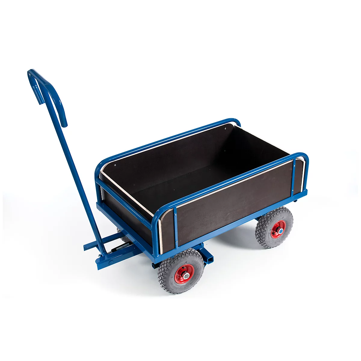 Blue hand cart with black loading area, two wheels and handle, against a white background.