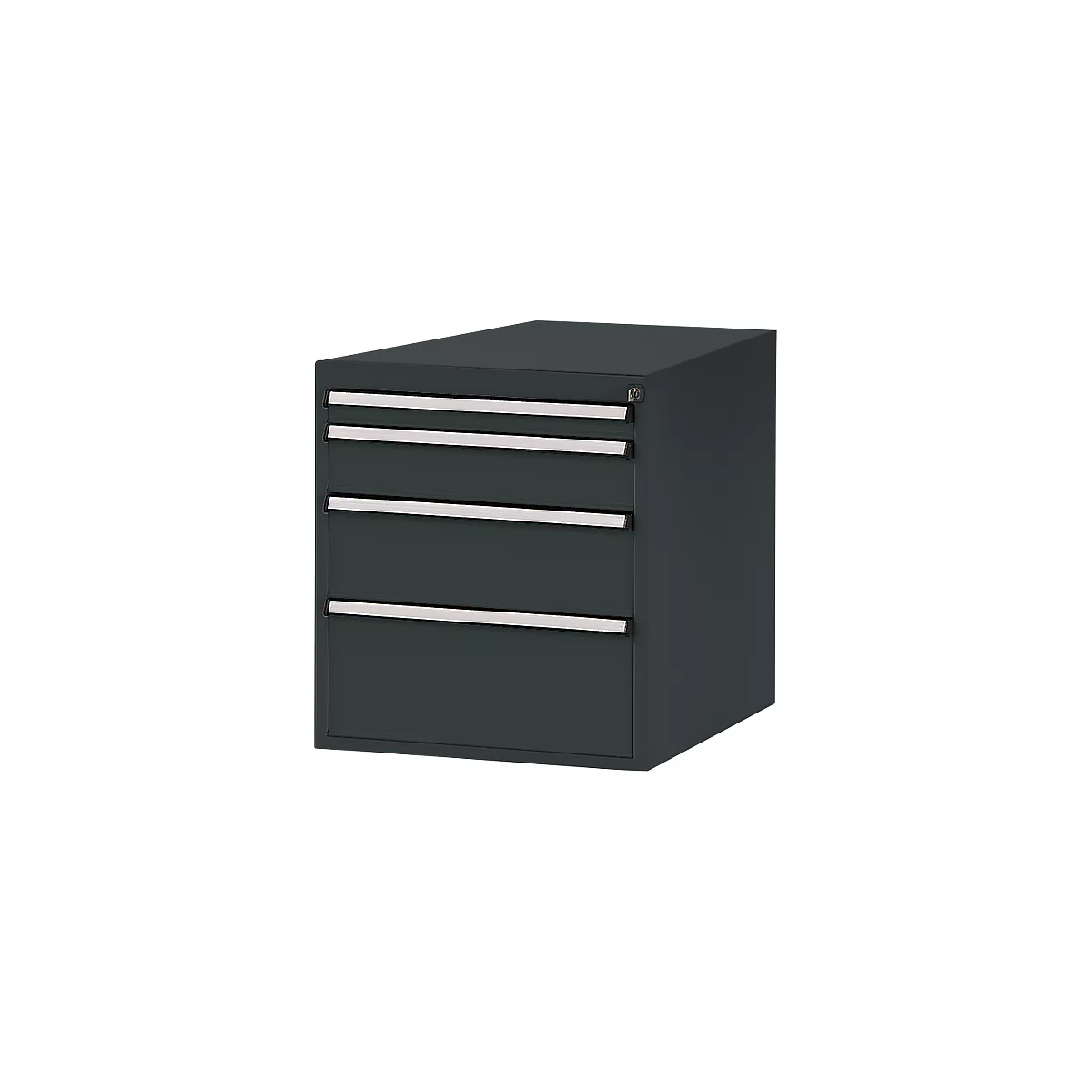Dark grey cabinet with four drawers. The handles are silver.