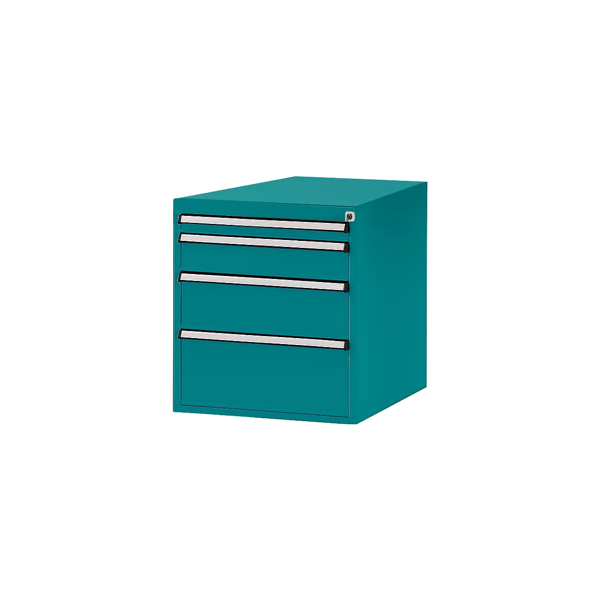Teal file cabinet with four drawers and silver handles, on a white background.