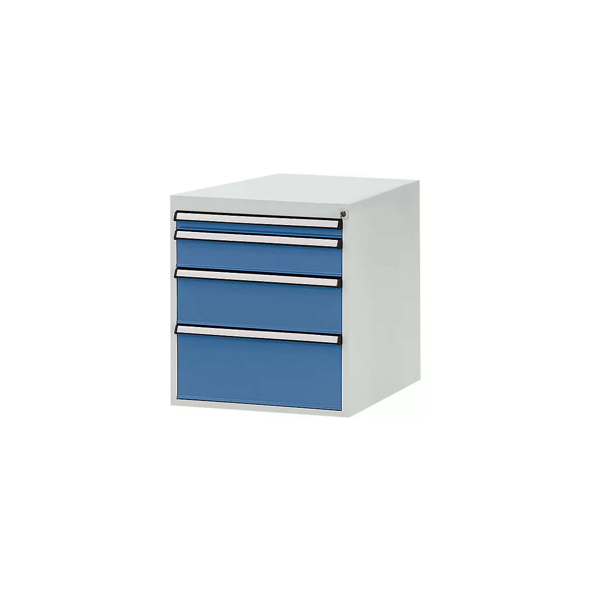 Light grey cabinet with three blue drawers. Black handles, silver strips.