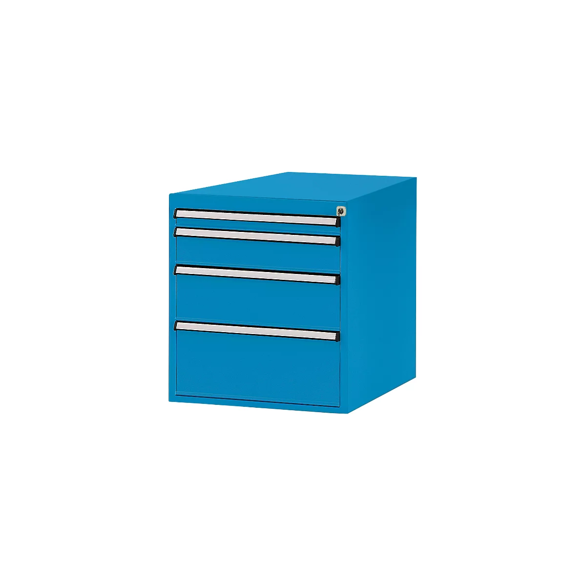 Blue tool cabinet with four drawers, metallic handles and lock.