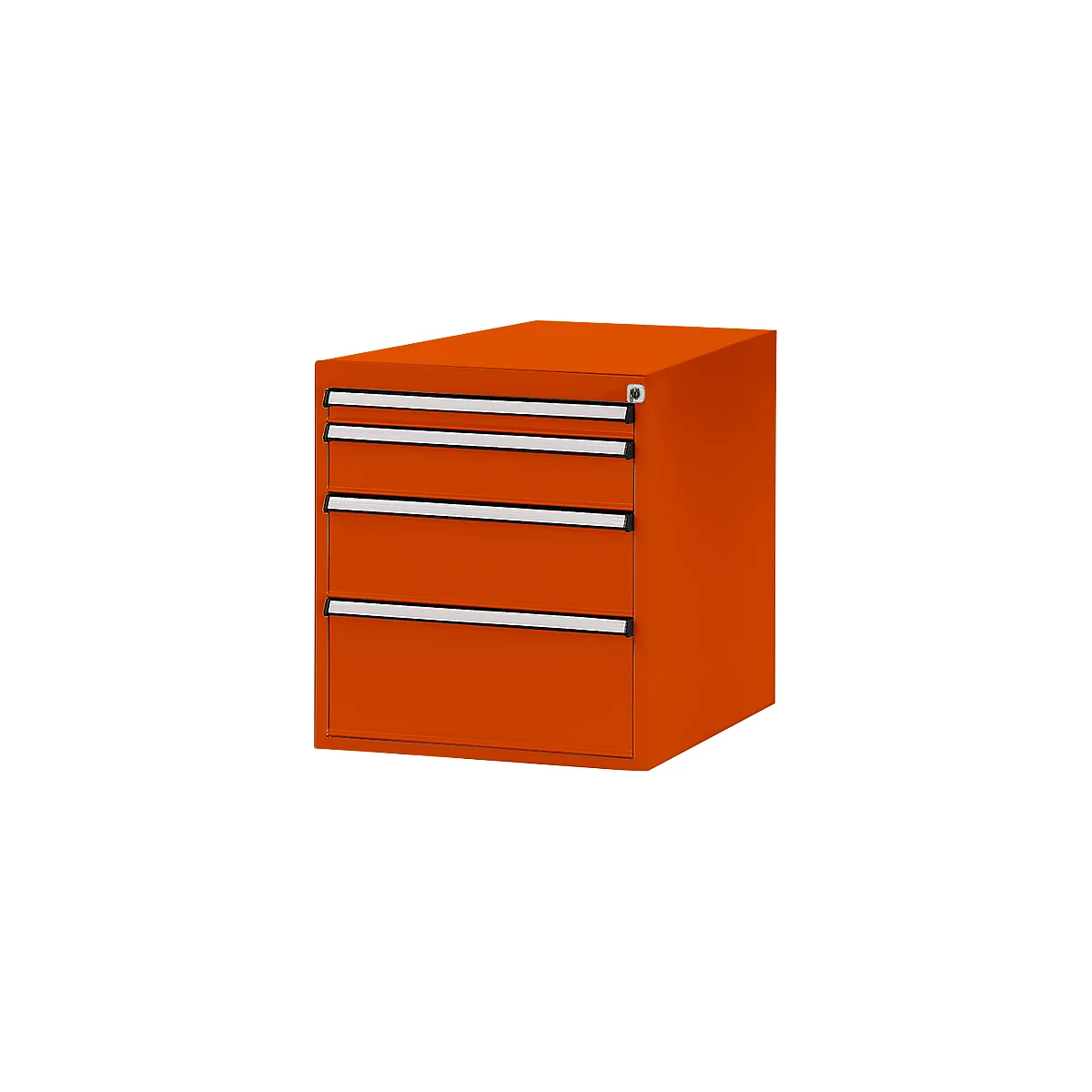 Orange cabinet with four drawers, silver handles and a lock.
