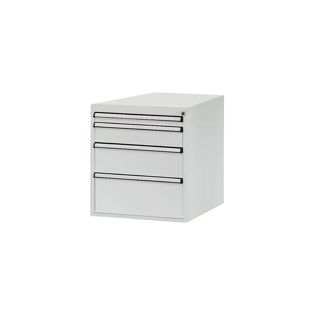 Gray cabinet with four drawers, metal handles, and a keyhole on the side.