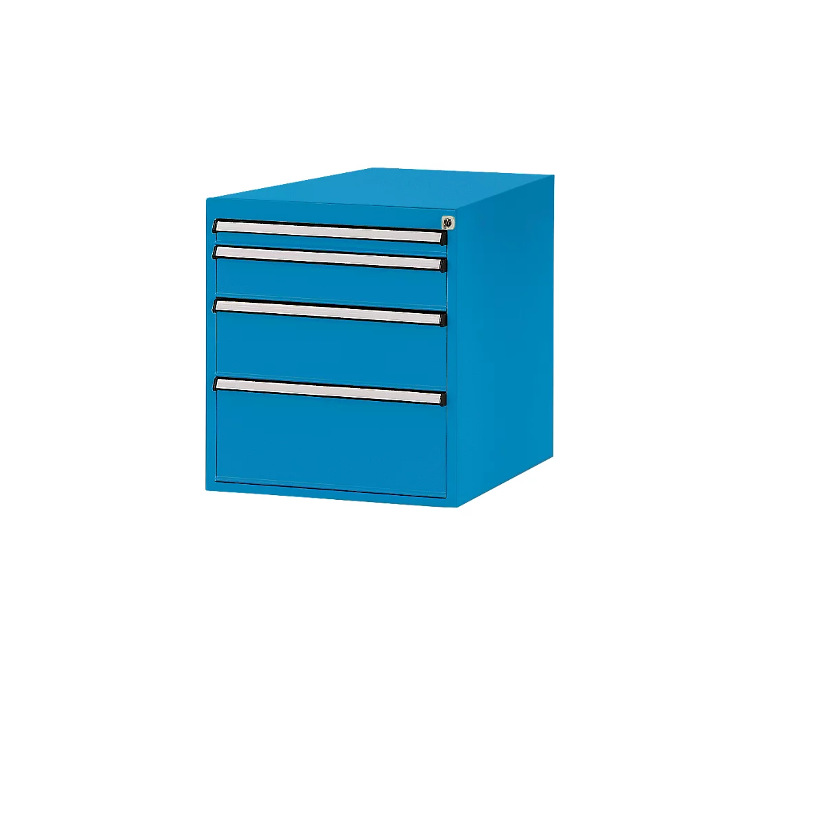 Blue tool cabinet with four drawers and silver handles.