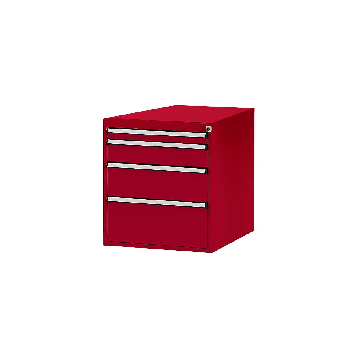 Red tool cabinet with four drawers with silver handles. The cabinet stands isolated on a white background.