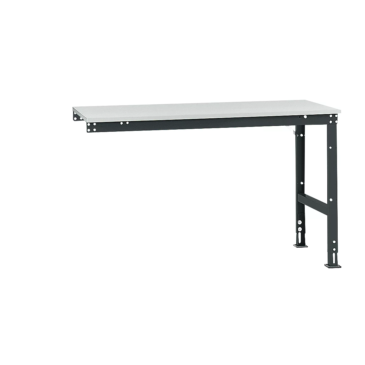 Gray workbench with metal frame, isolated on a white background.