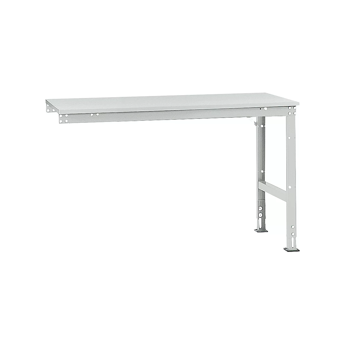 Light gray workbench table with rectangular work surface and metal legs, viewed from the side.