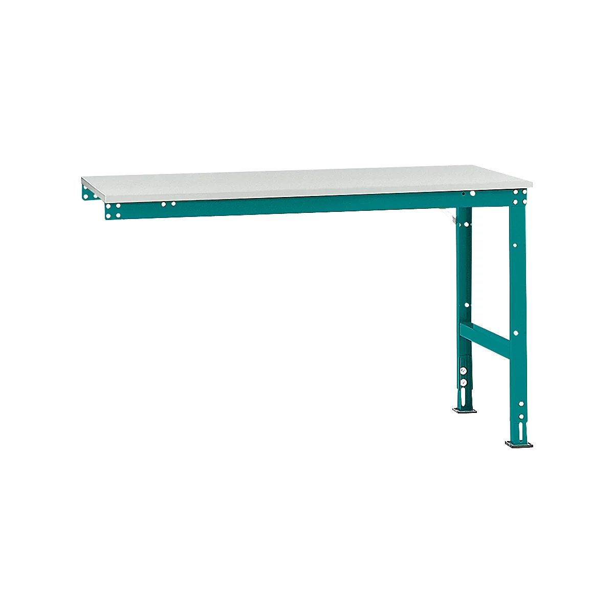 Workbench with white work surface and turquoise metal frame. The construction is stable and robust. One leg is on the left, one on the right.
