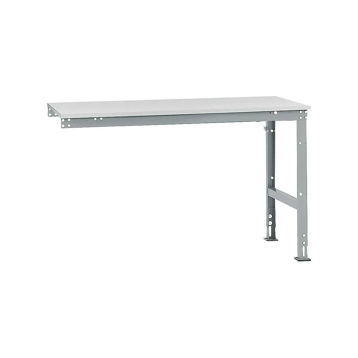 Gray workbench table with light gray tabletop. Metal frame with screw holes. The table stands against a white background.