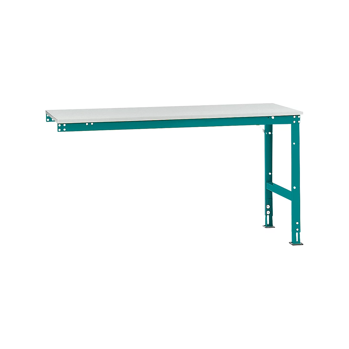 A green workbench with a white top. The right leg is adjustable in height.