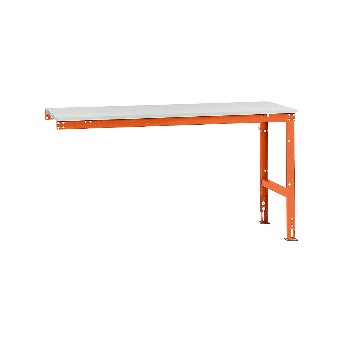 An orange workbench table with a white table top against a white background.