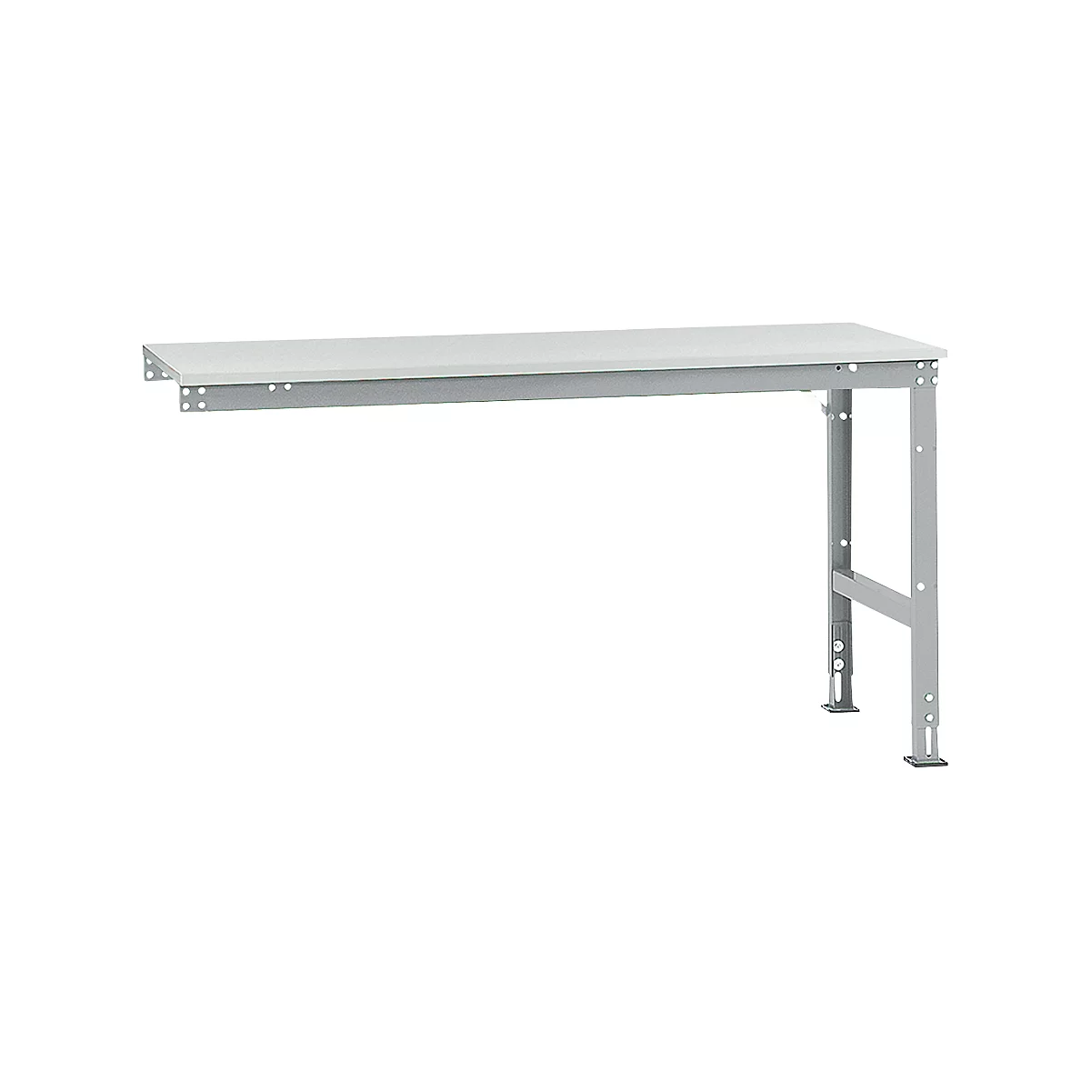 A white, rectangular workbench with gray metal legs. The table is attached to the wall.