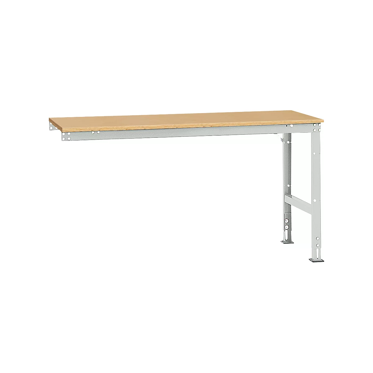 Workbench with wooden top and gray metal frame. On the left the table is attached to the wall, on the right it stands on feet.