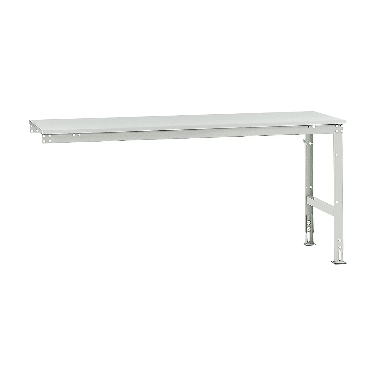 White workbench with metal legs and a tabletop that can be attached to a wall.