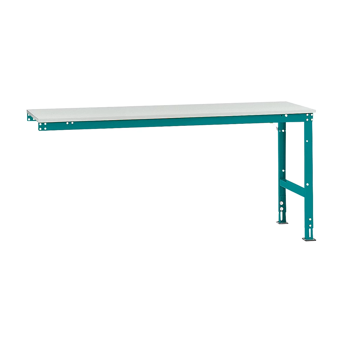 Workbench consisting of a white table and a turquoise metal frame.