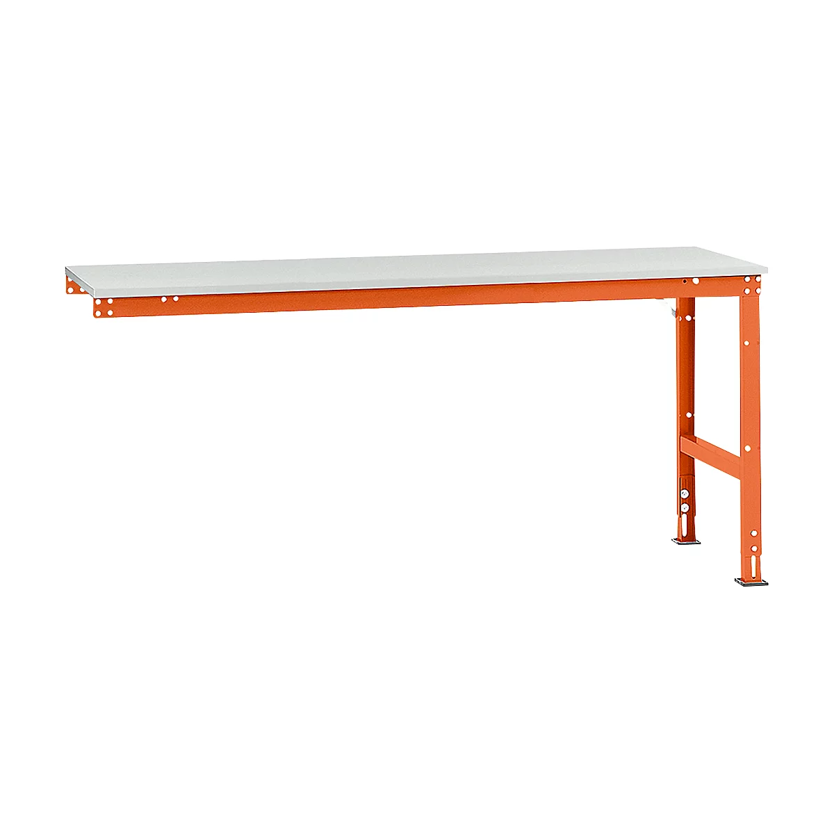 An orange workbench with a light grey table top. The table has a rectangular shape and a metal frame.