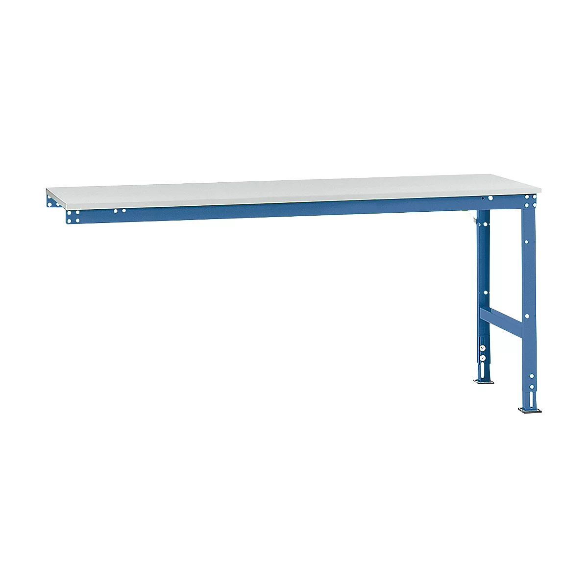 Blue workbench table with white work surface. It has a rectangular shape and metal legs.