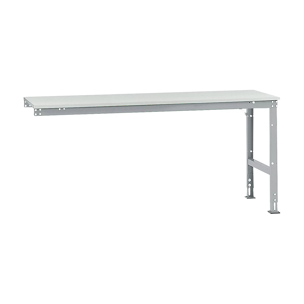 Gray workbench table with white tabletop, attached to the wall.