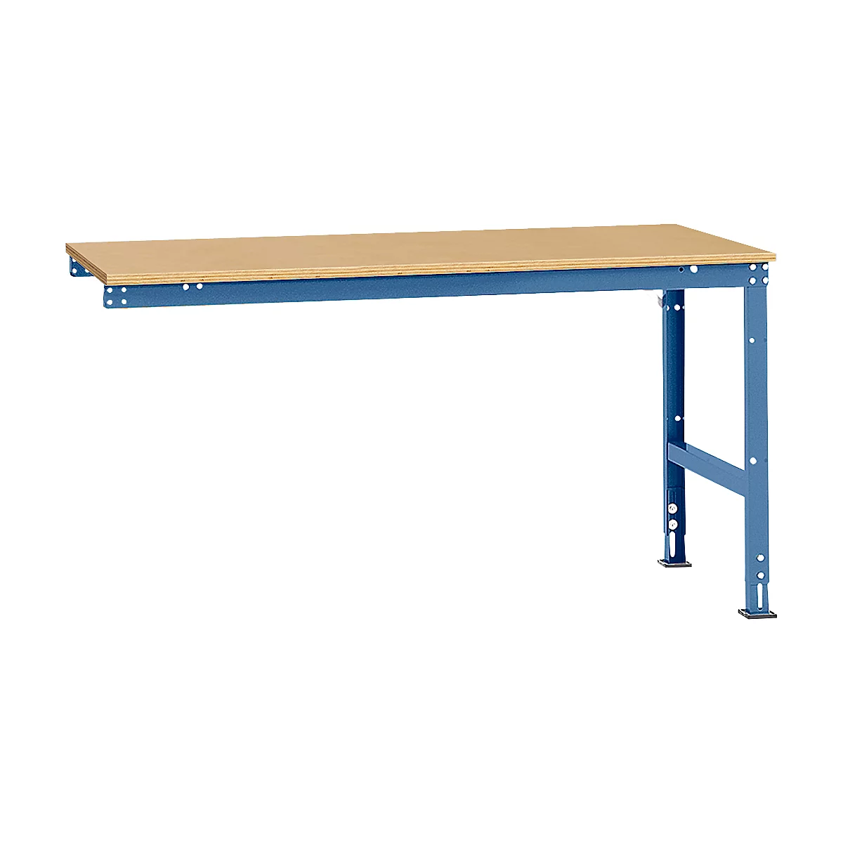 Workbench with wooden top and blue metal frame. One leg of the workbench is cut off.