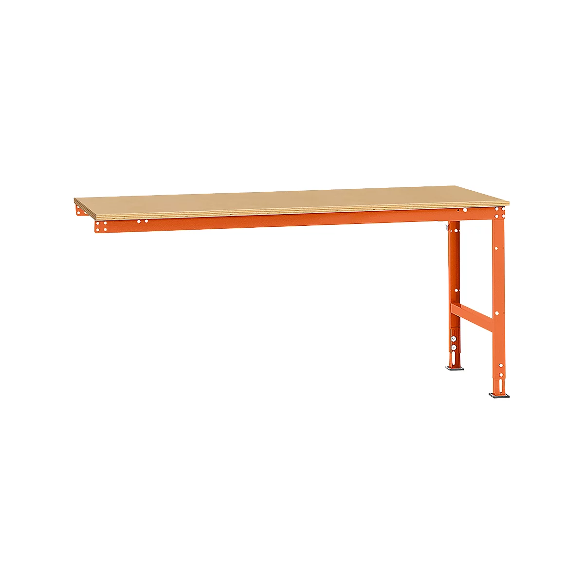 Workbench with light brown worktop and orange frame. The frame has a rectangular profile.