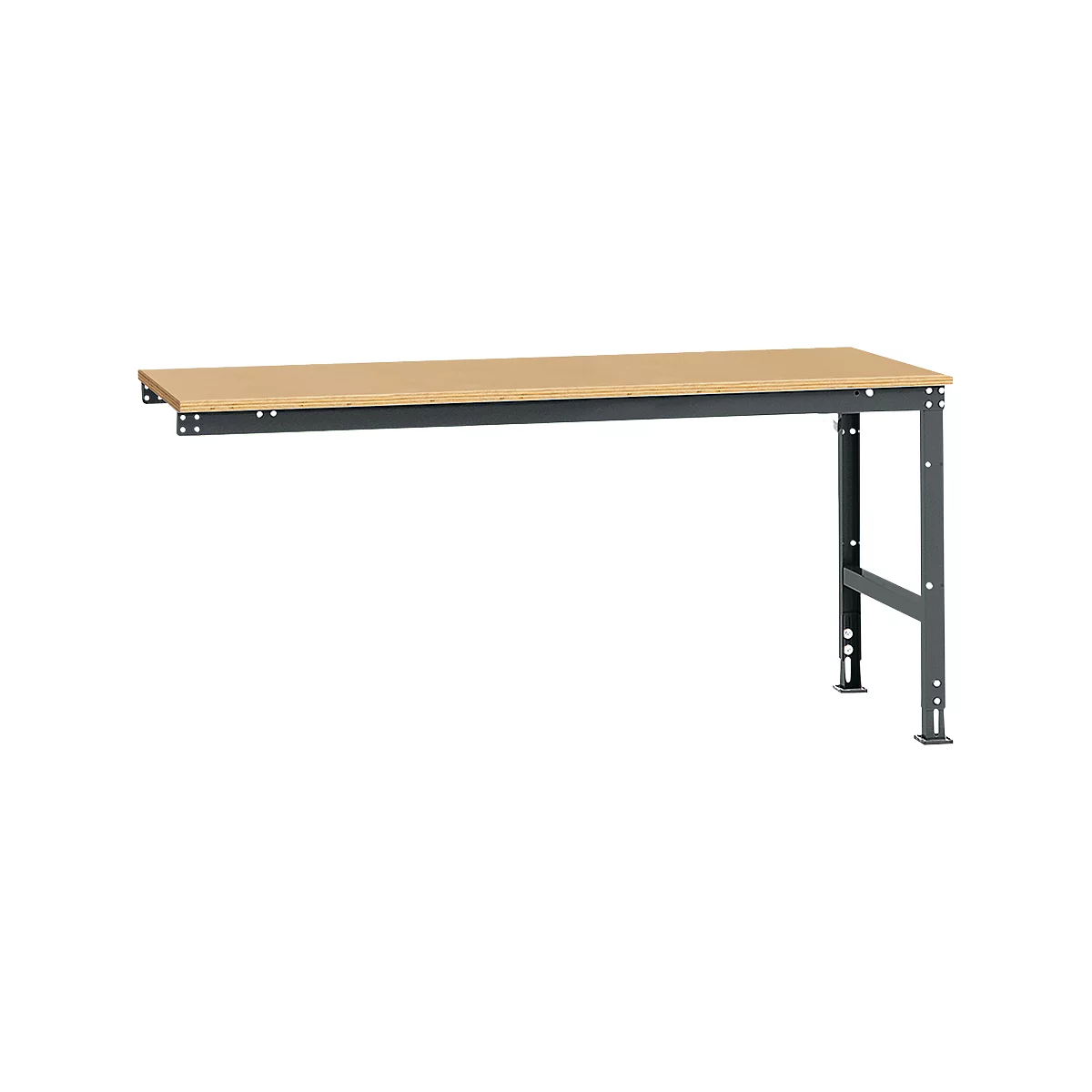 Workbench with wooden top and gray metal frame. The right side is fixed on feet, the left is fixed on a wall.