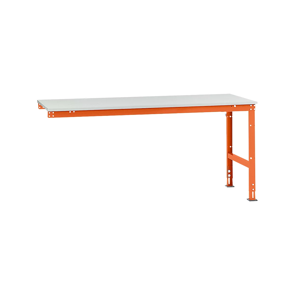 A workbench with a white surface and an orange frame. The table top is rectangular, the frame is made of steel.