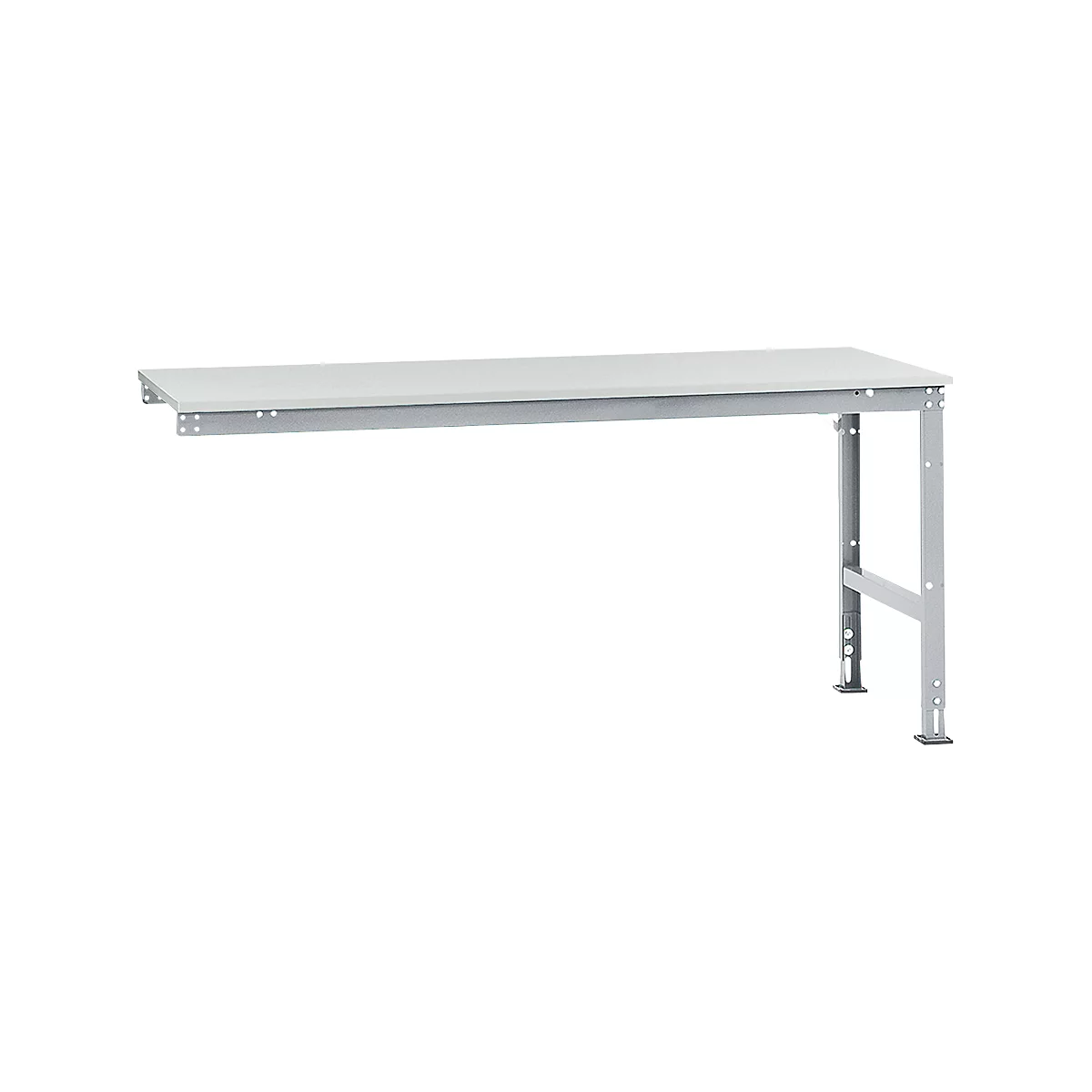 A white workbench table with a gray steel frame. The tabletop is rectangular. There is a leg on the right side.