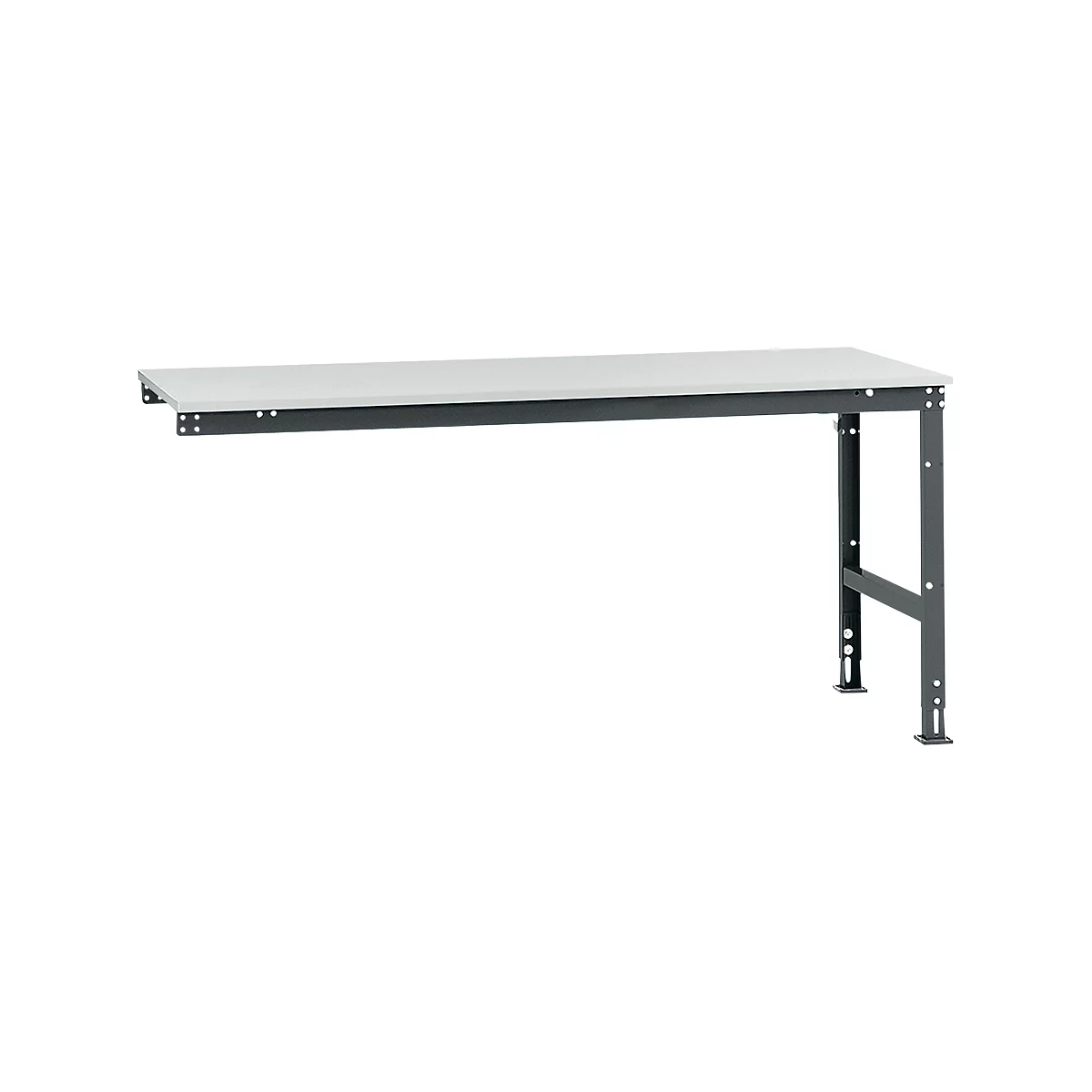 White work table with gray metal frame, front perspective.