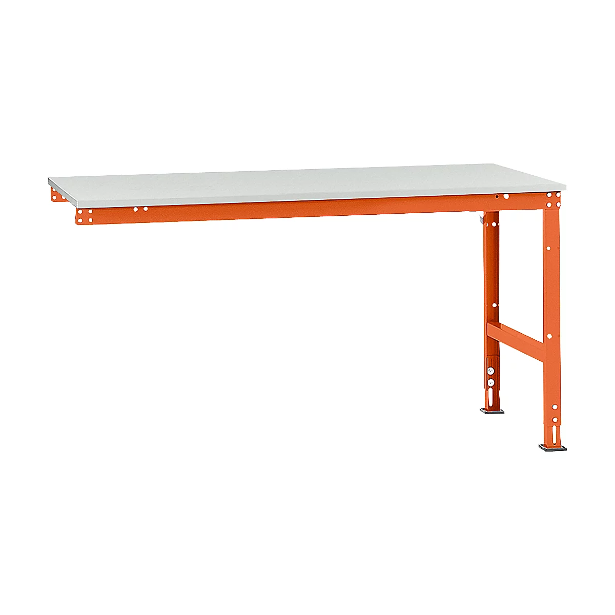 A workbench with an orange frame and a light grey work surface, set against a white background.