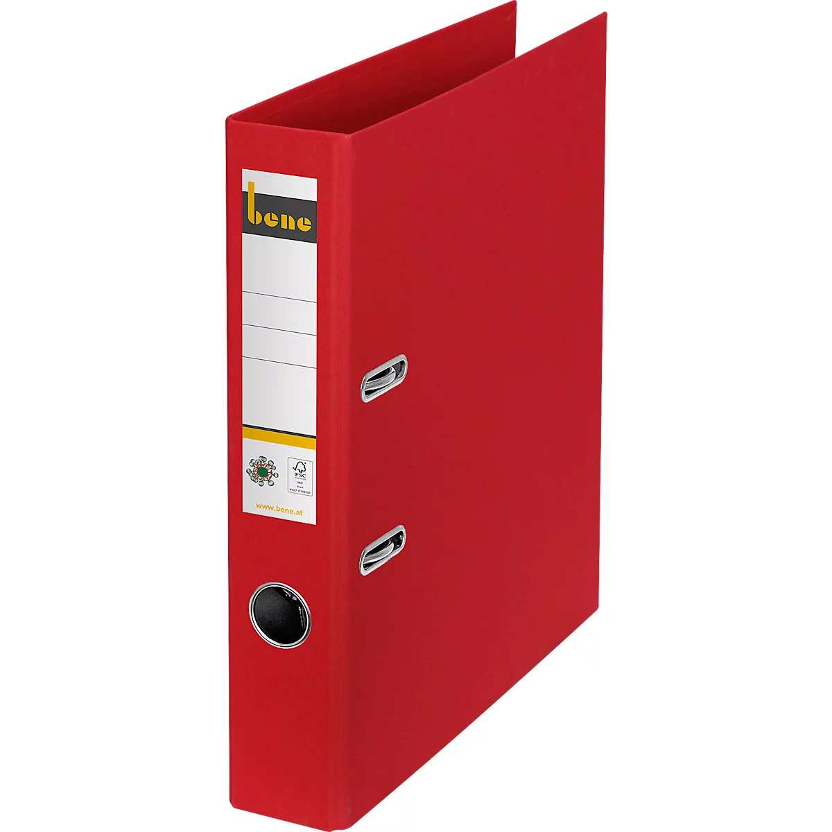 Rode ordner met wit label en 'bene' logo.