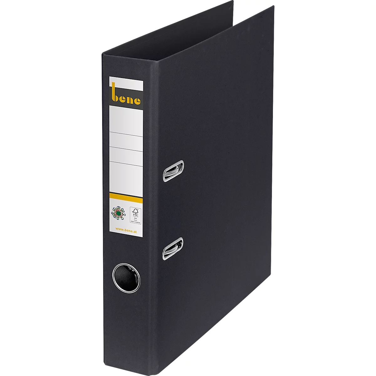 Zwarte ordner met wit etiket, 'bene' logo en paperclips.