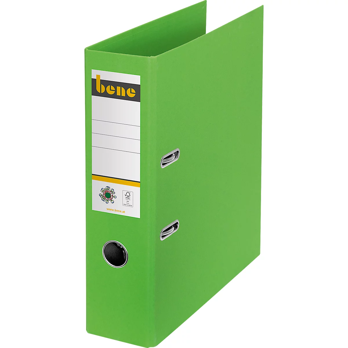 Groene ordner met wit label, merk 'bene', twee metalen ringen en perforatie.