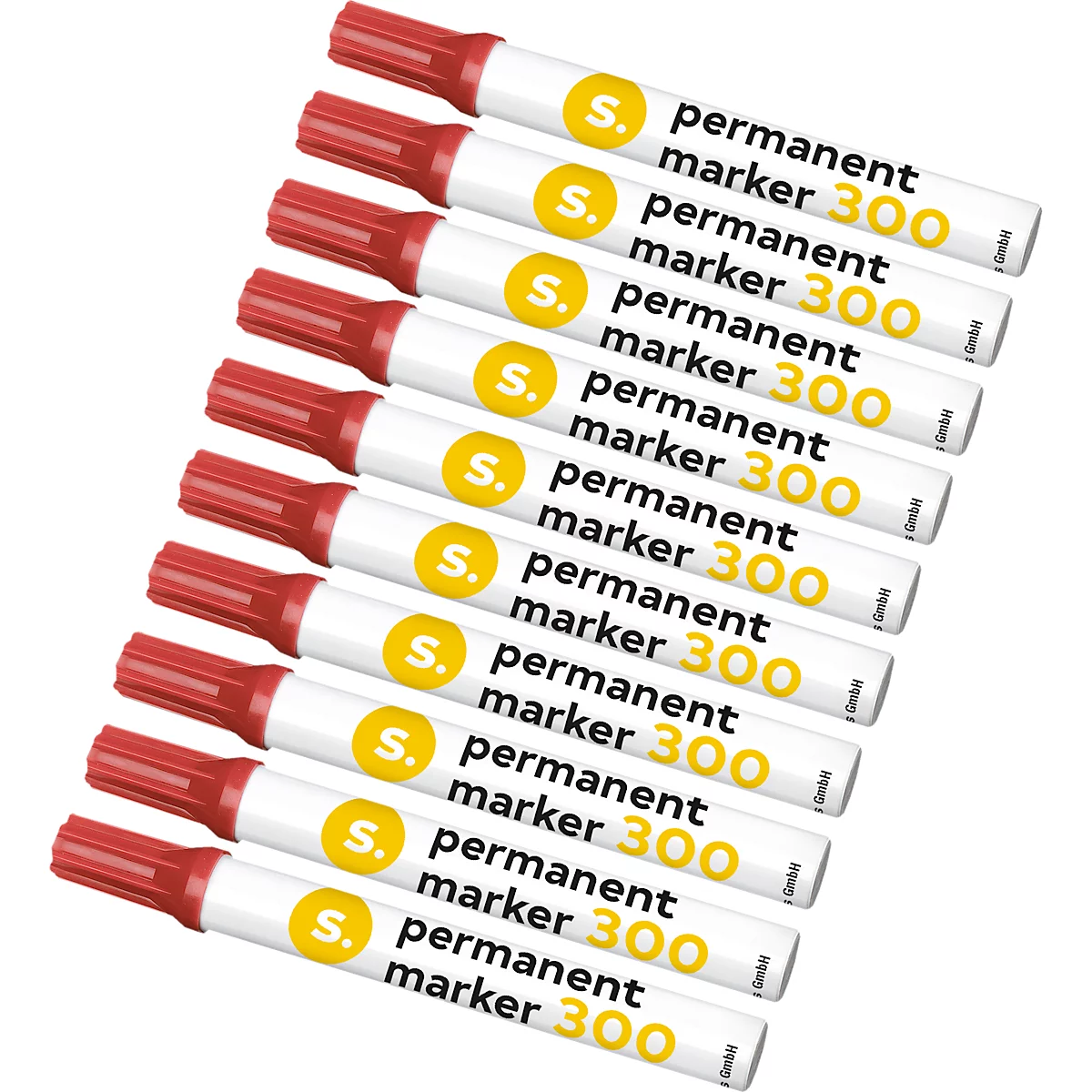 Marcador permanente S. 300, punta redonda, ancho de trazo 1,5-3 mm, resistente al agua, se puede guardar abierto, aluminio y plástico, rojo, 10 unidades