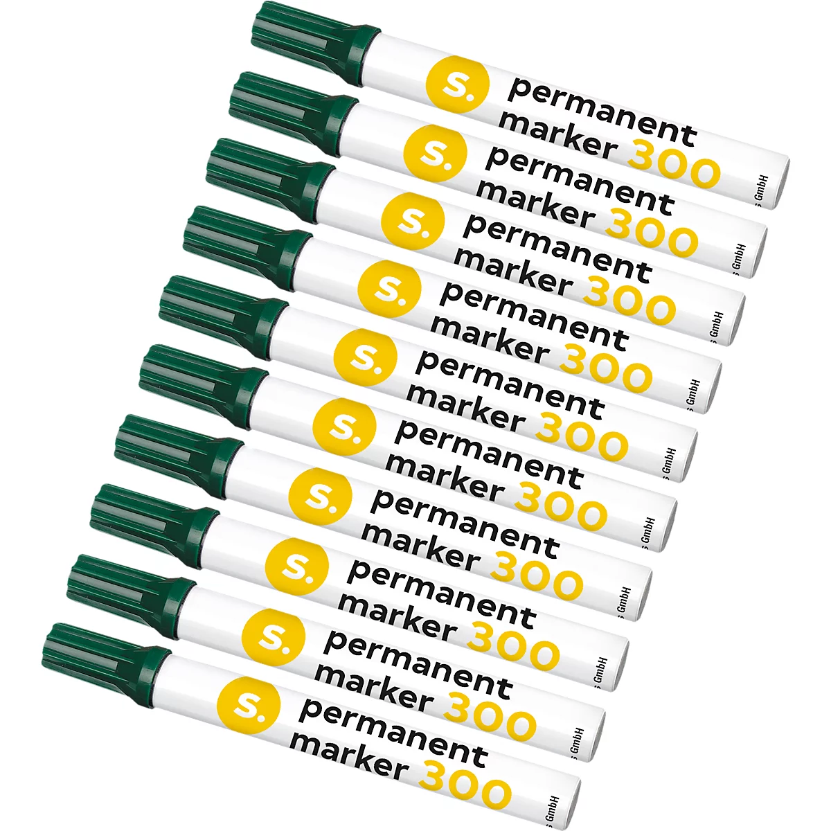 Marcador permanente S. 300, punta redonda, ancho de trazo 1,5-3 mm, resistente al agua, se puede guardar abierto, aluminio y plástico, verde, 10 piezas