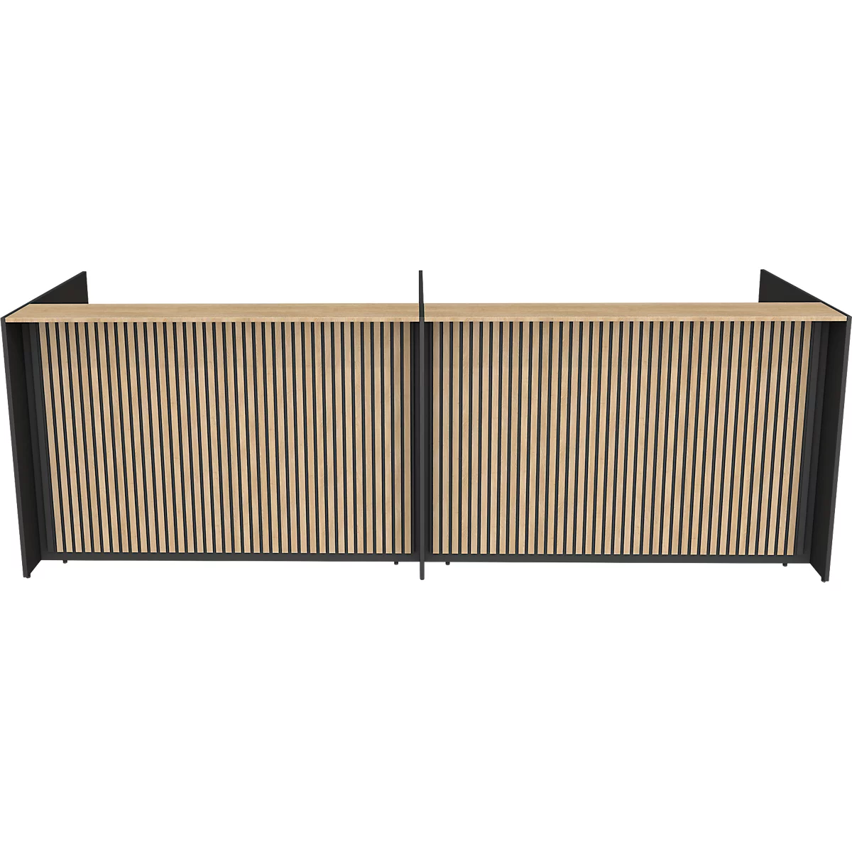 Vooraanzicht van een moderne toonbank met houten lamellen, zwarte frames en licht hout. Middenin verdeeld door een zwarte steun.