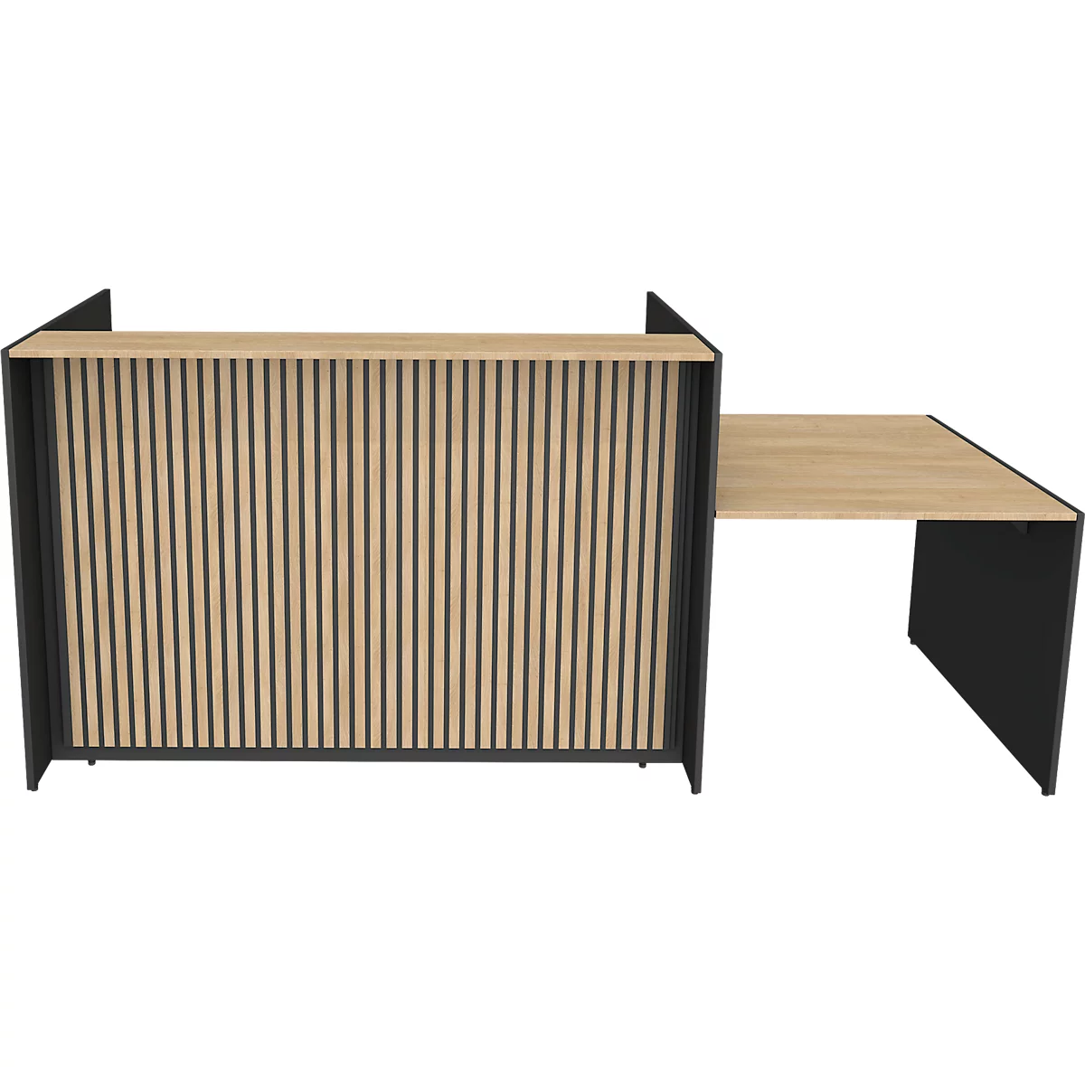Moderne houten receptiebalie met zwarte accenten. De voorkant heeft verticale houten lamellen, een tafelblad is bevestigd.