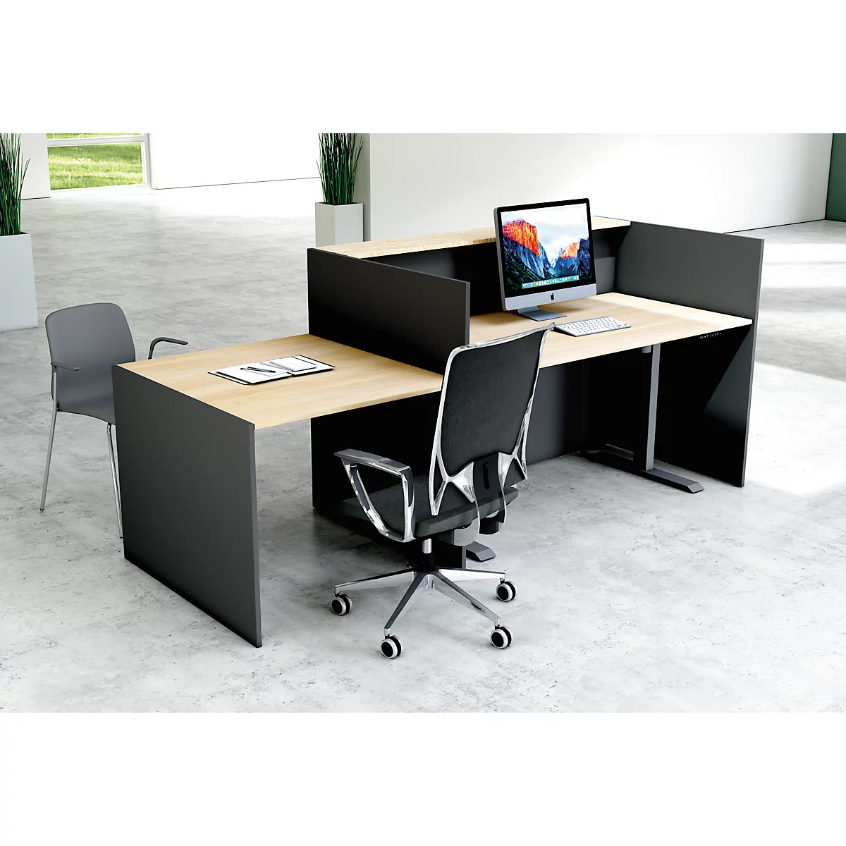Kantoor met twee bureaus, een computer, stoelen, scheidingswanden en decoratieve planten.