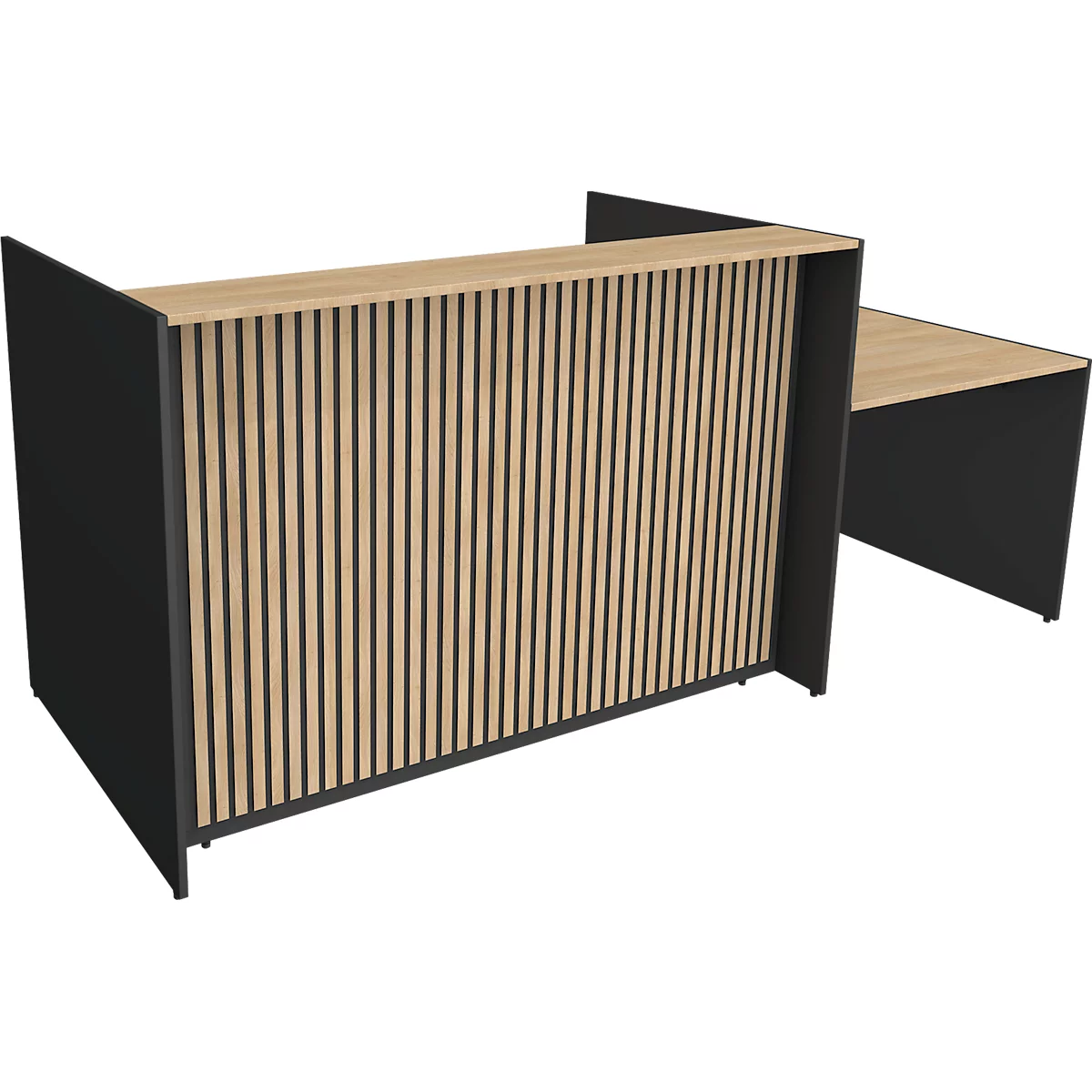 Moderne receptiebalie met houten lamellen voorkant, zwart frame en licht hout op het werkoppervlak.