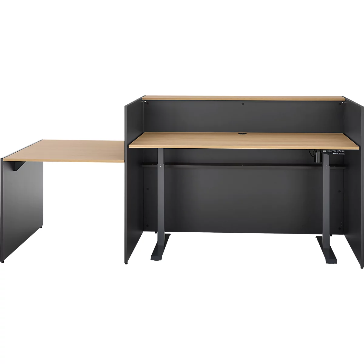 Een grijze bureau met een in hoogte verstelbaar tafelblad en aanbouwdeel.