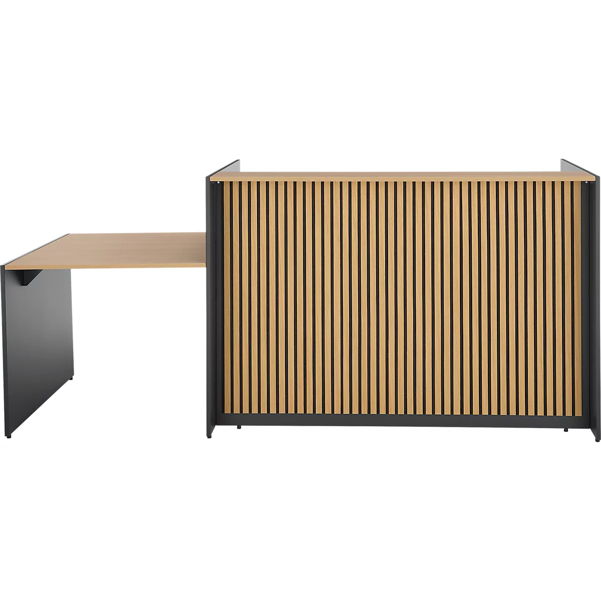 Bureau met houten lamellen achterwand, grijs metalen frame en houten blad.