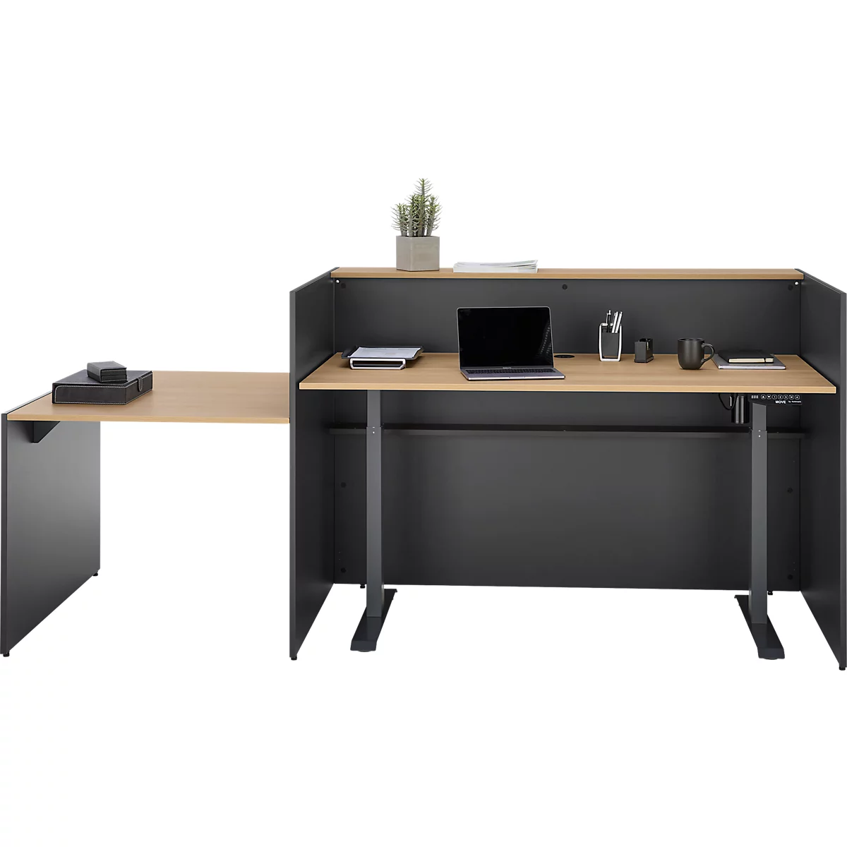 Een moderne bureau met een laptop, kantoorbenodigdheden en een potplant. De tafel heeft een houtlook.