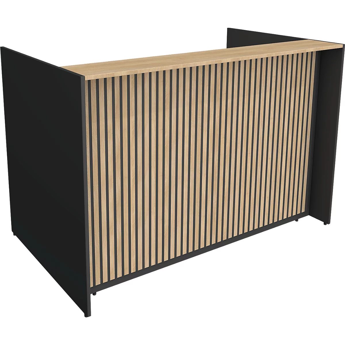 Een receptiebalie, bestaande uit houten lamellen en zwarte zijpanelen, tegen een witte achtergrond.